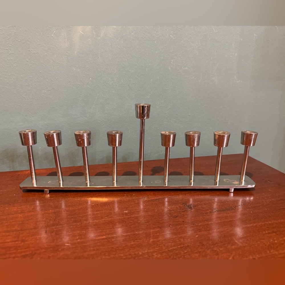 Nickel Plated Contemporary Metal Hanukkah Menorah Candle Holder Modern 14”